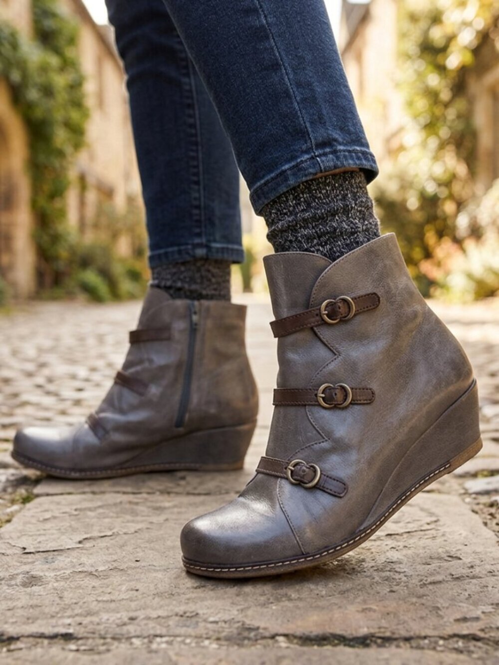 Eric Michael "Lena" Premium Dark Grey Leather Buckle Wedge Ankle Boots